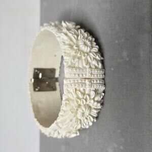 Vintage 1930s Carved Celluloid Floral Hinged Bangle Bracelet Ivory Tone Art Deco